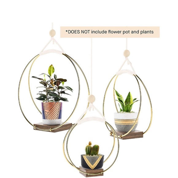 Modern Boho Hanging Planter Brass Wood Shelves - Picture 3 of 5